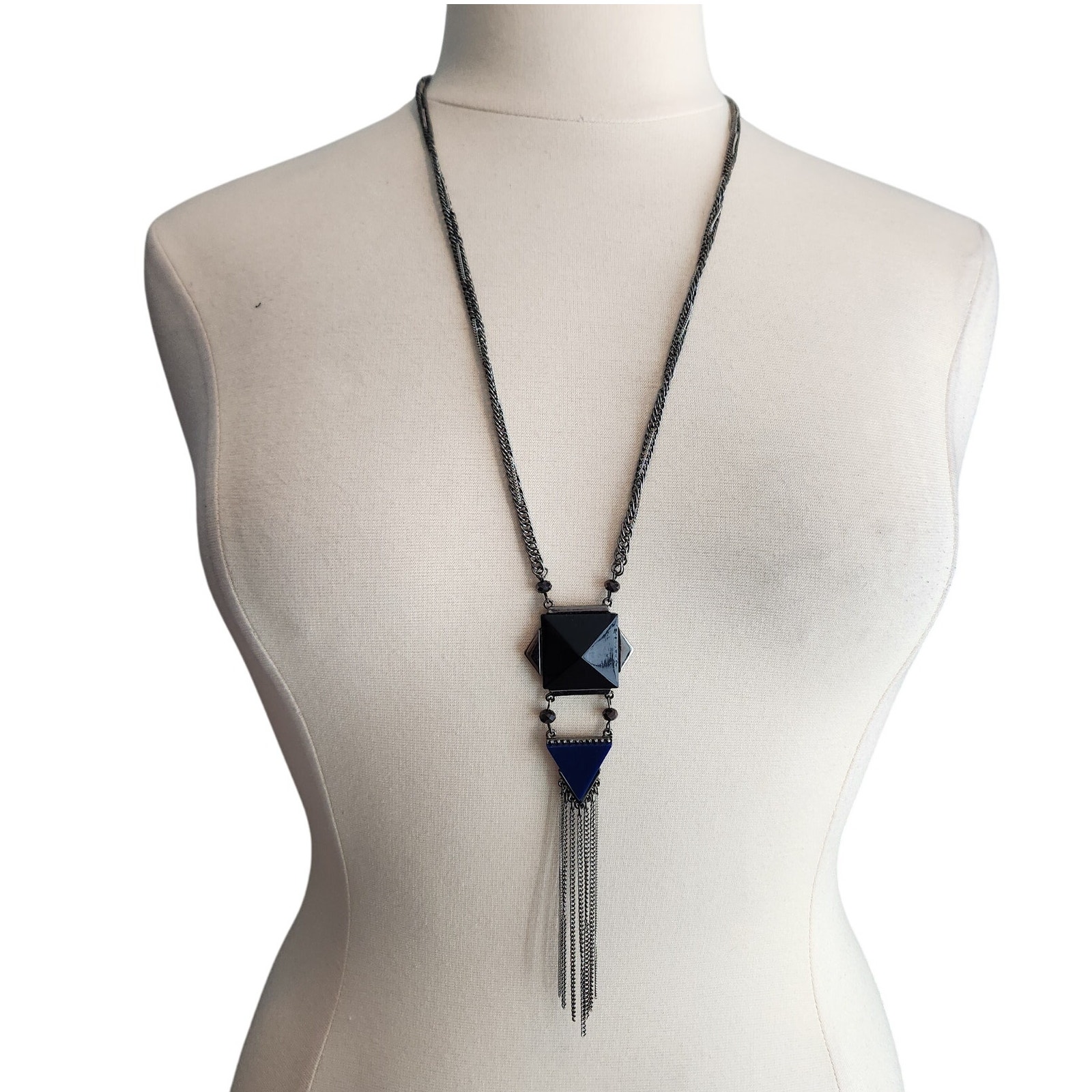 Express Gunmetal Multi-Strand Geometric Pendant Necklace With Tassels 23$